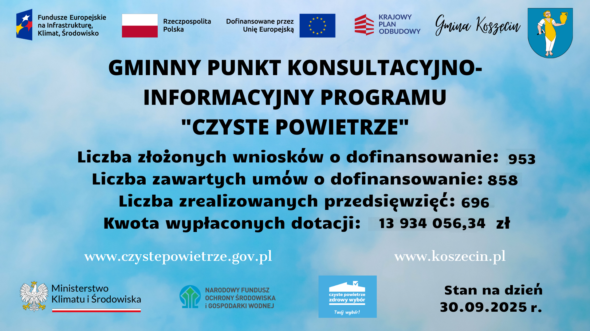 Baner informacyjny &bdquo;CZYSTE POWIETRZE&rdquo; &ndash; PUNKT KONSULTACYJNO-INFORMACYJNY W URZĘDZIE GMINY W KOSZĘCINIE